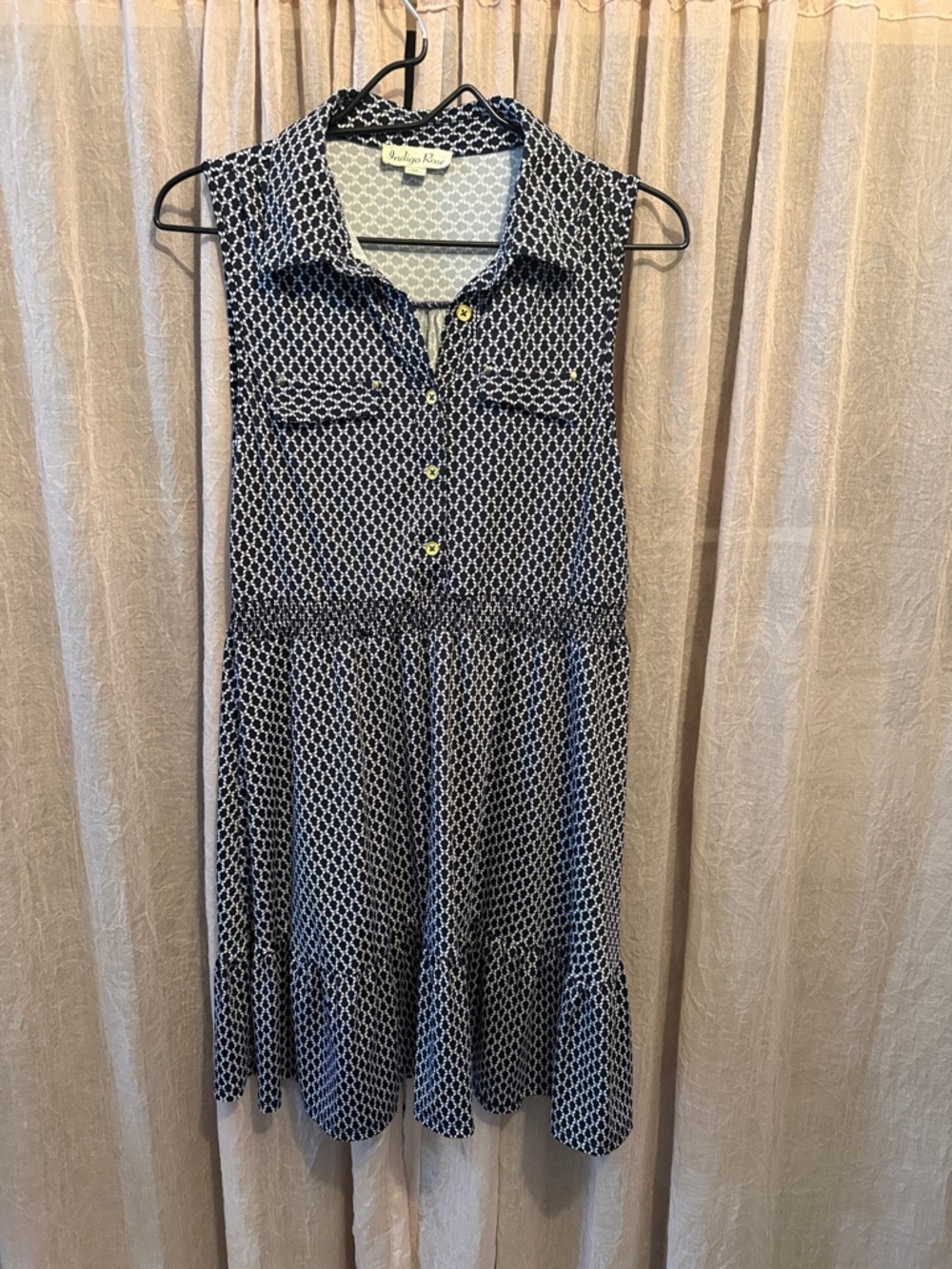 Sleeveless Printed Shirt Midi Dress in Navy and White by Rodrigo Rosner